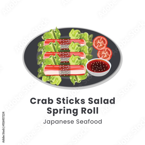 Hand drawn vector illustration of crab sticks salad spring rolls