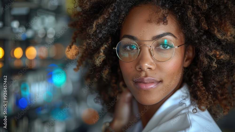 Young scientist with curly hair and glasses in a laboratory setting working with scientific equipment Young scientist with curly hair and glasses in a laboratory setting working with scientific equipment