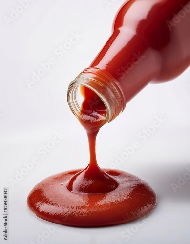 closeup of Tilted bottle pouring tomato sauce isolated on white background, red ketchup forming a puddle, drop, food, packaging, product showcase, side view.
