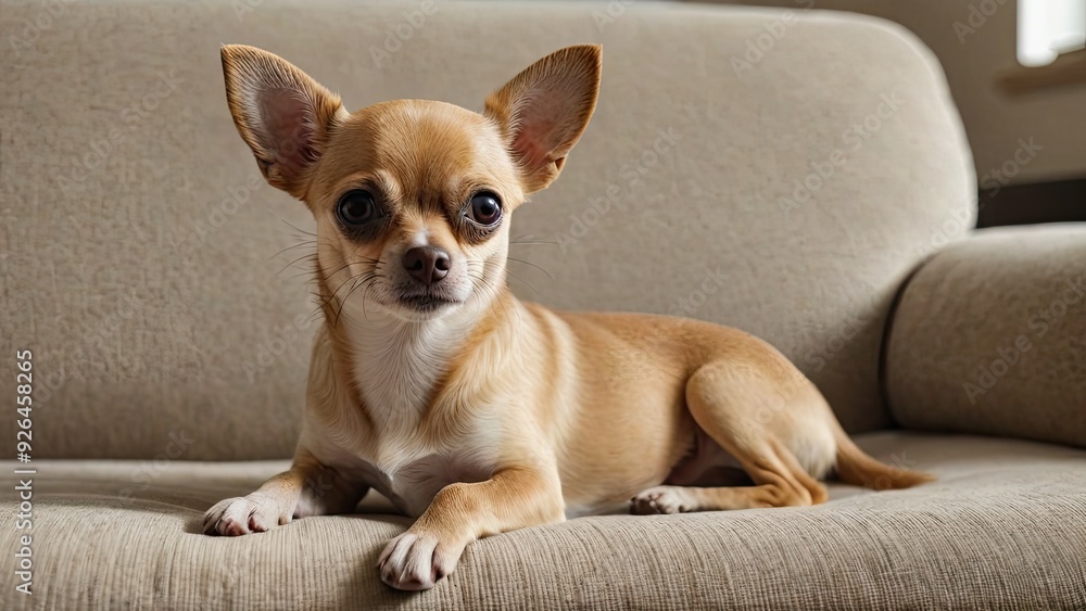 Fawn smooth coat chihuahua dog lying on sofa at home Fawn smooth coat chihuahua dog lying on sofa at home