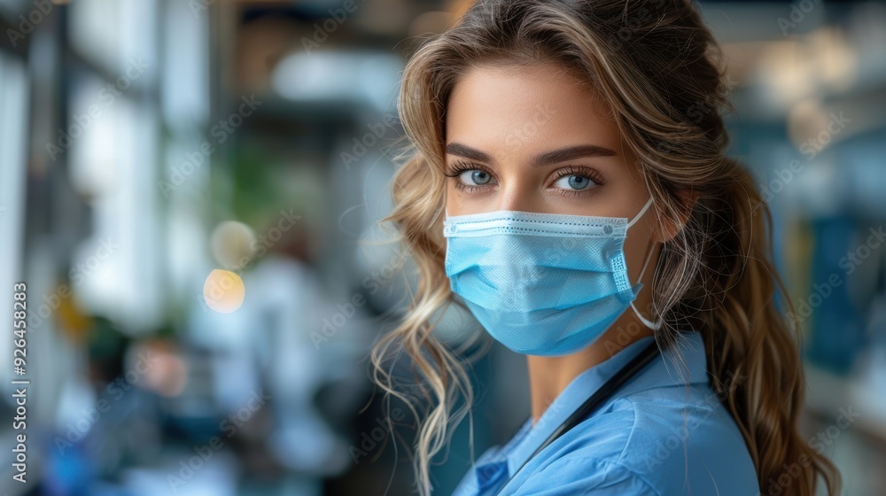 Medical professional wearing a face mask in a clinic during daytime Medical professional wearing a face mask in a clinic during daytime