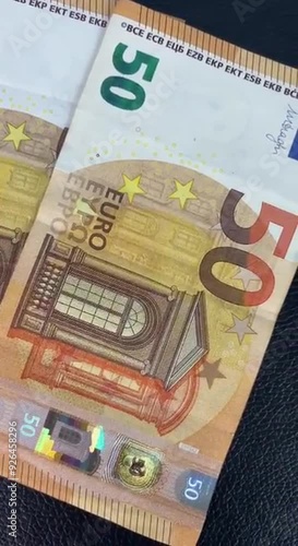 Many euro money bills. EU money banknotes. Close up. Slow motion. Bank credit. Money concept. European union currency. Inflation. Finance. Pile of euros. Economy. Investment. Income