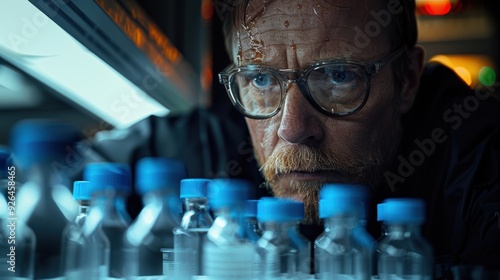 Scientist examining vials in a laboratory under dim lighting during late evening photo