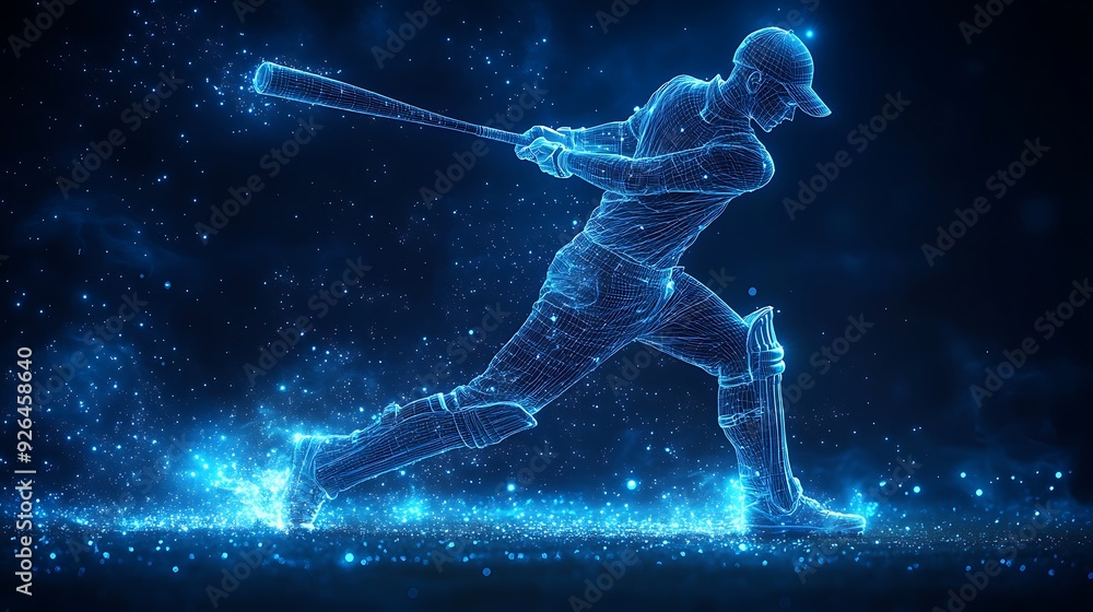 Digital blue low poly cricket player with glowing data streams AI in sports analytics, player performance tracking systems, match prediction algorithms, and training programs. wireframe player design Digital blue low poly cricket player with glowing data streams AI in sports analytics, player performance tracking systems, match prediction algorithms, and training programs. wireframe player design