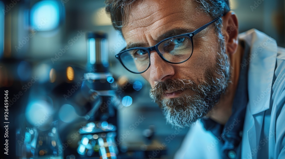 Scientist working intently in a laboratory with a microscope during the evening hours Scientist working intently in a laboratory with a microscope during the evening hours