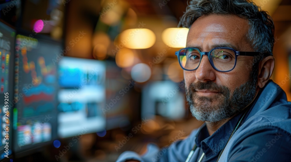Man at a computer desk with multiple monitors displays financial charts in a dimly lit office during evening hours Man at a computer desk with multiple monitors displays financial charts in a dimly lit office during evening hours