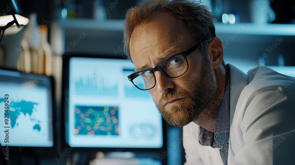 Focused scientist analyzing data on computer screens, showcasing dedication and intelligence in a modern research environment. Focused scientist analyzing data on computer screens, showcasing dedication and intelligence in a modern research environment.