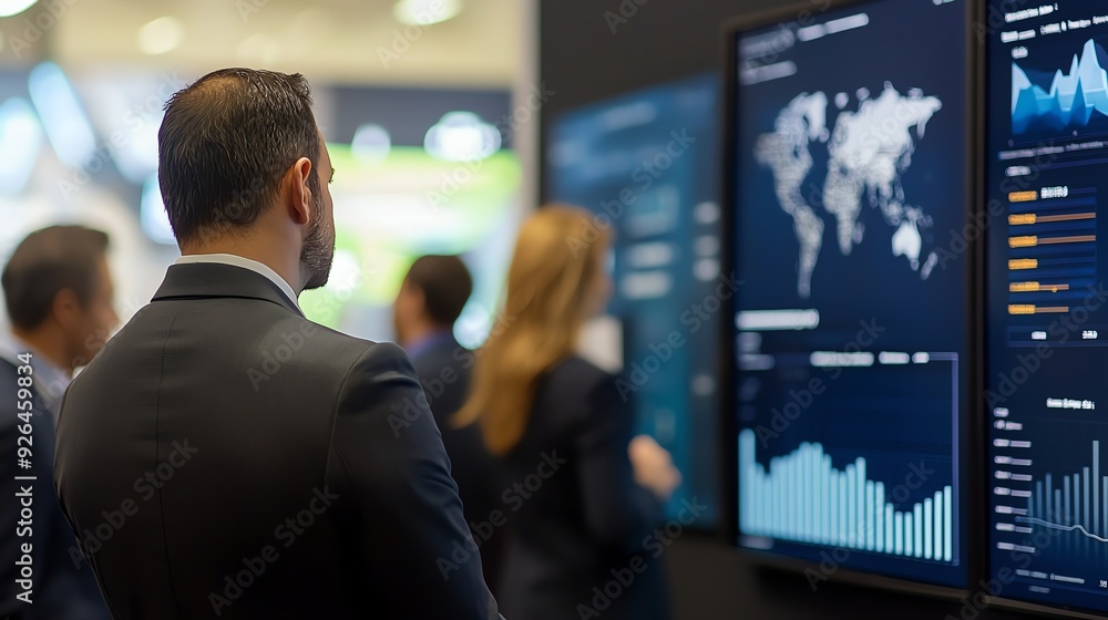A group of professionals analyzing data on large screens at a conference, focusing on market trends and performance metrics. A group of professionals analyzing data on large screens at a conference, focusing on market trends and performance metrics.