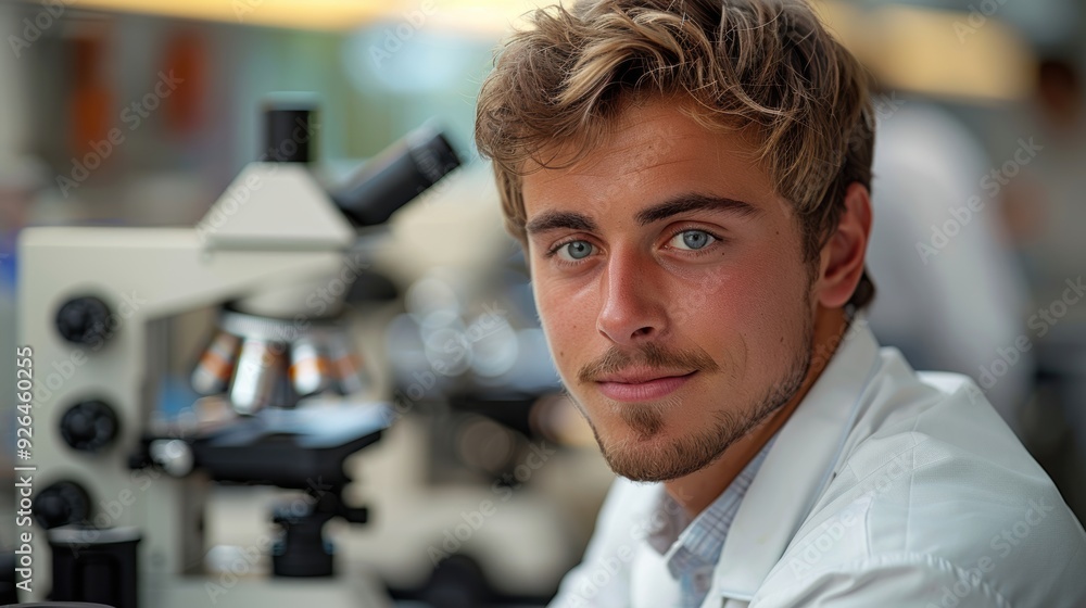 Young scientist working diligently in a laboratory with a microscope during daylight hours Young scientist working diligently in a laboratory with a microscope during daylight hours