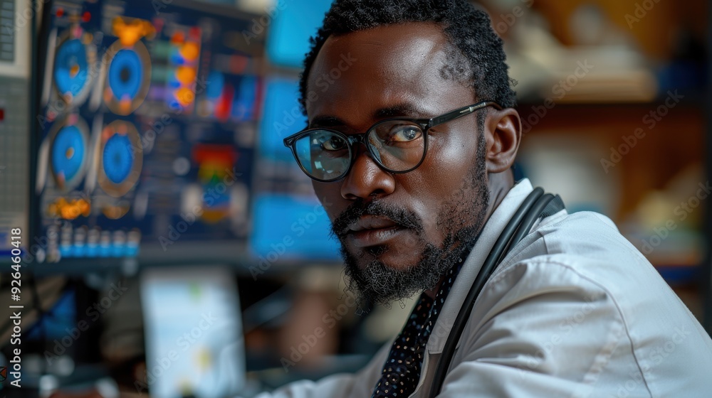 Healthcare professional analyzing data in a busy medical office during the day Healthcare professional analyzing data in a busy medical office during the day