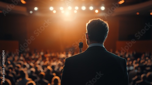 A speaker captivates an audience under bright lights, showcasing the power of public speaking and engagement in a vibrant setting.