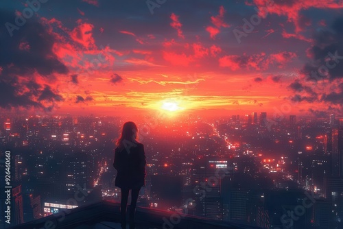 animestyle illustration of contemplative girl on city rooftop watching breathtaking sunset over urban skyline warm colors and dreamy atmosphere with subtle magical elements