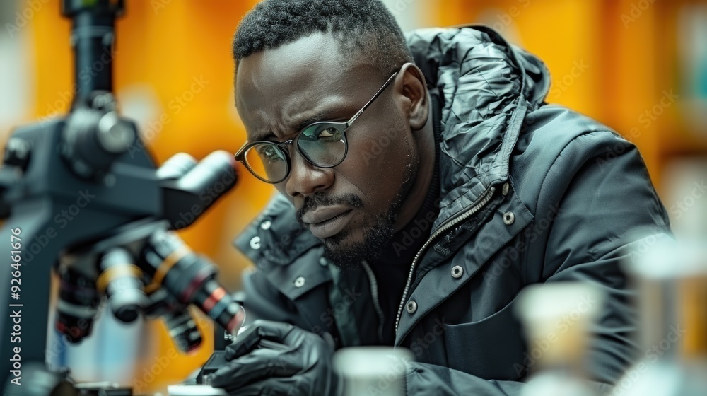 Scientist examining samples with microscope in laboratory during daylight hours Scientist examining samples with microscope in laboratory during daylight hours