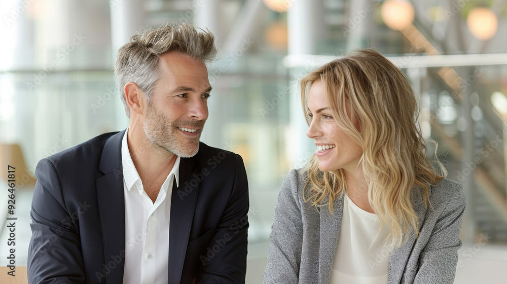 Smiling Caucasian elderly senior businessman meeting with young manager businesswoman together in modern office Smiling Caucasian elderly senior businessman meeting with young manager businesswoman together in modern office