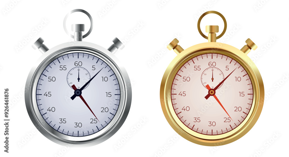 Set of vector realistic silver and golden classic stopwatch icons. Shiny metal chronometer, time counter with dial. Measurement for sport, start and finish. Set of vector realistic silver and golden classic stopwatch icons. Shiny metal chronometer, time counter with dial. Measurement for sport, start and finish.