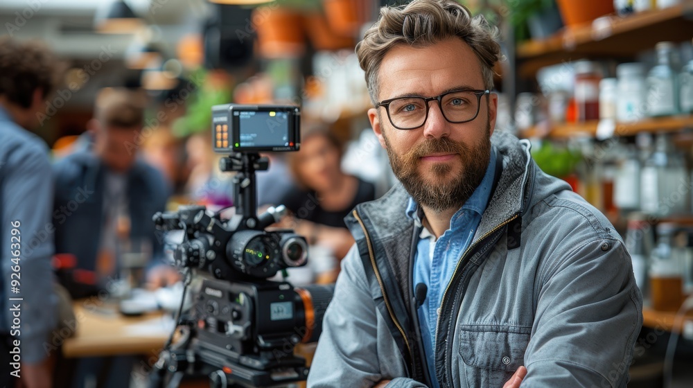 Filmmaker prepares for a shoot in a lively café during the afternoon Filmmaker prepares for a shoot in a lively café during the afternoon