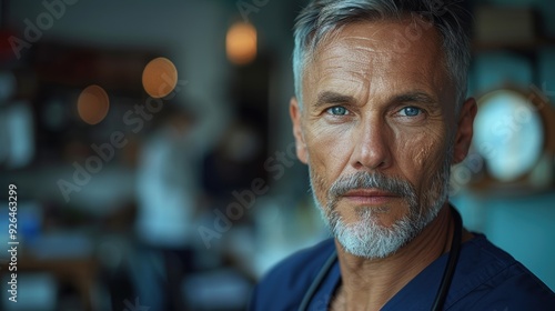 Portrait of a mature man with silver hair and blue eyes in a cafe setting during the daytime