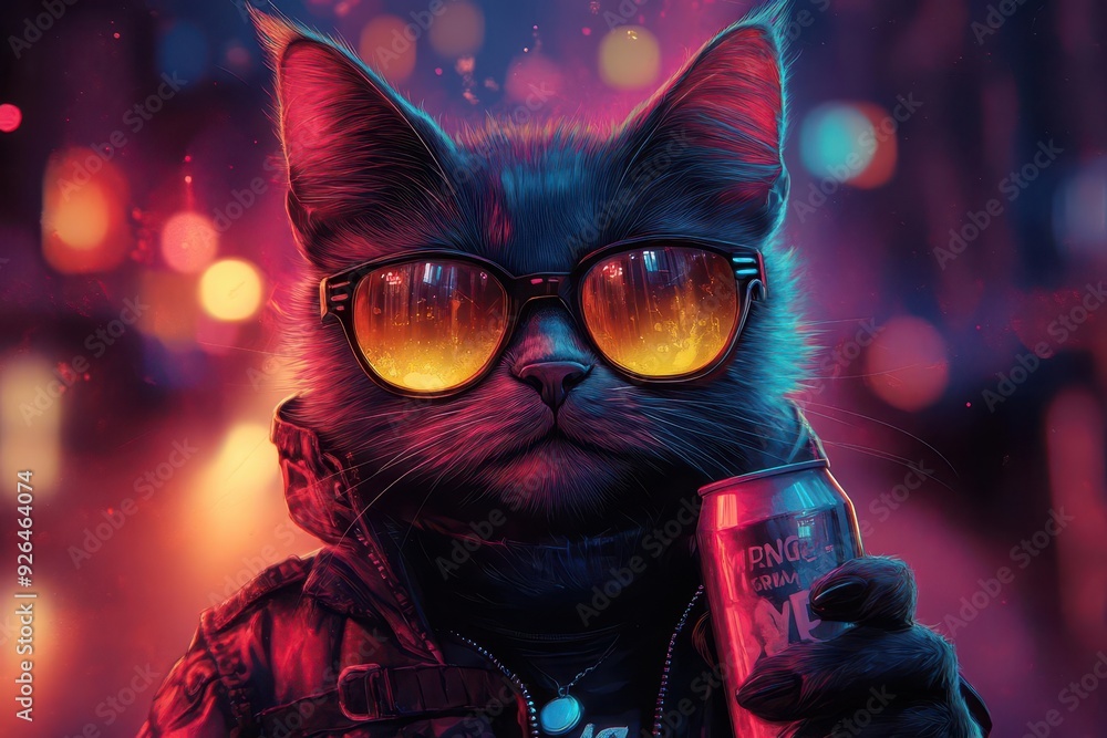 animestyle punk rock feline mascot with attitude holding a beer can vibrant neon colors urban nighttime backdrop edgy graphic novel aesthetic animestyle punk rock feline mascot with attitude holding a beer can vibrant neon colors urban nighttime backdrop edgy graphic novel aesthetic