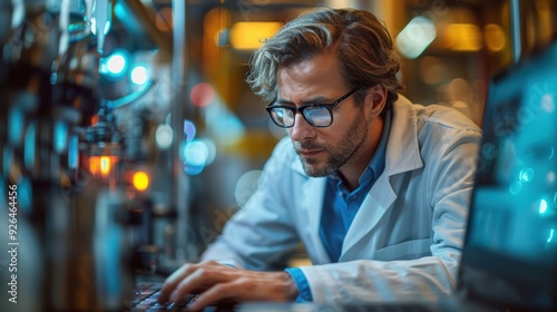 Scientist working in a lab at night, analyzing data on a laptop with laboratory equipment around