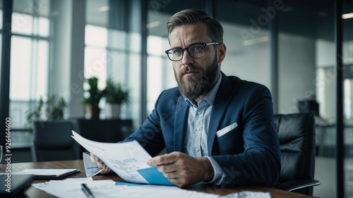 An adult male with beard and glasses is working in a modern, well-lit office. He is reviewing documents with a calm and positive expression.