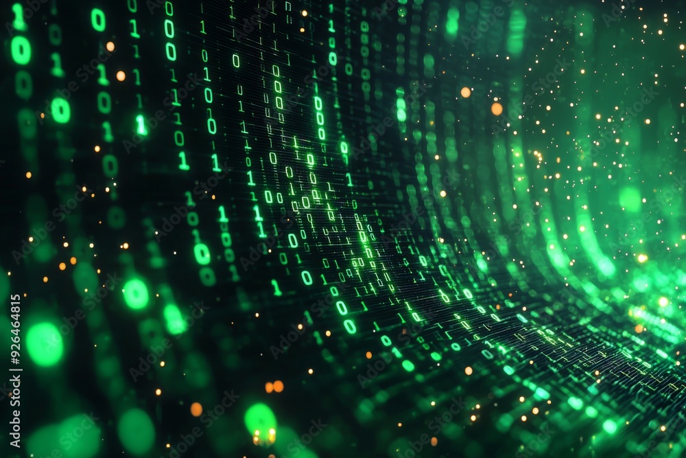 Green Dark Binary Code with Data Streaming Background created with Generative AI Green Dark Binary Code with Data Streaming Background created with Generative AI