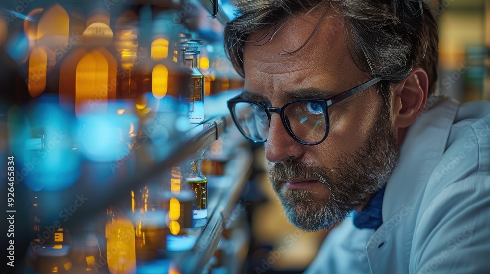 Scientist examines glass vials in a laboratory filled with colorful liquids during the day Scientist examines glass vials in a laboratory filled with colorful liquids during the day