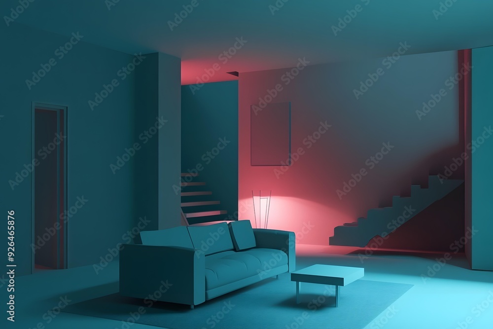 Minimalist Interior Design with Blue and Red Lighting Minimalist Interior Design with Blue and Red Lighting