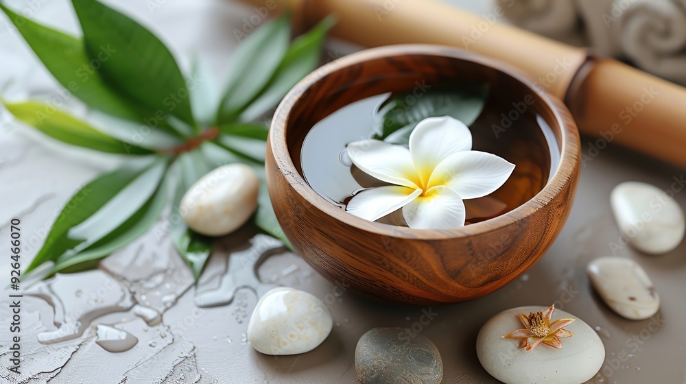 A serene spa setup featuring a single plumeria flower floating in a wooden bowl of warm water A serene spa setup featuring a single plumeria flower floating in a wooden bowl of warm water