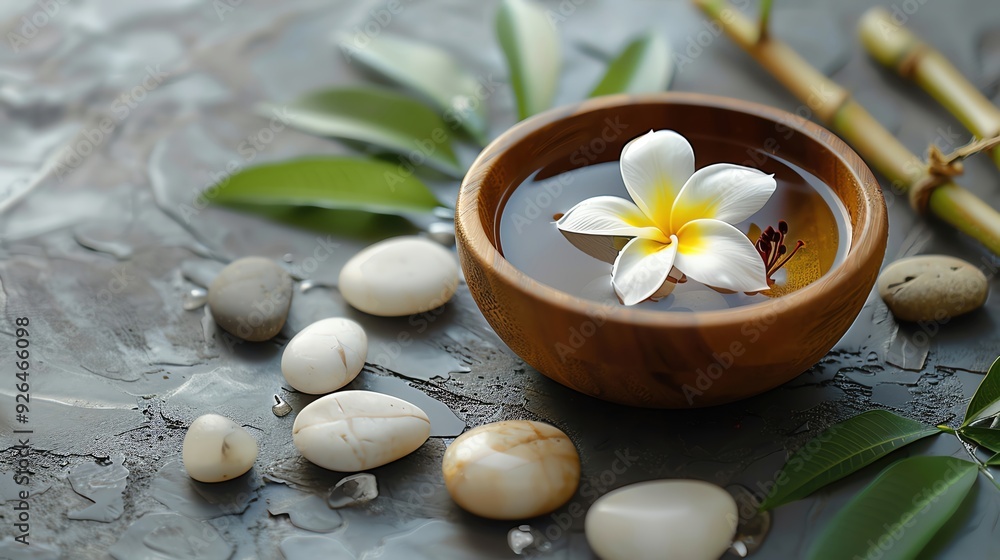 A serene spa setup featuring a single plumeria flower floating in a wooden bowl of warm water A serene spa setup featuring a single plumeria flower floating in a wooden bowl of warm water