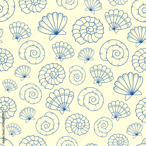 Seamless vector pattern with seashells on a light yellow background