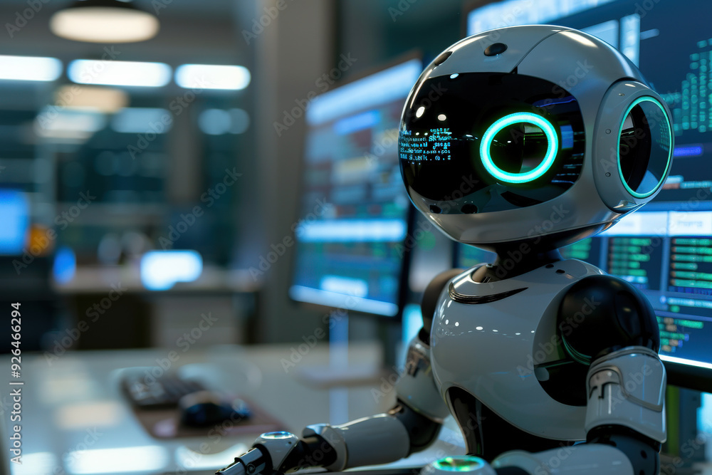 Futuristic Robot in Modern Office at Night with Digital Interface Futuristic Robot in Modern Office at Night with Digital Interface