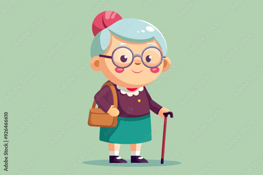 Grandmother wearing glasses. An elderly woman with a bag and a cane in her hands. Vector illustration
Grandmother wearing glasses. An elderly woman with a bag and a cane in her hands. Vector illustration