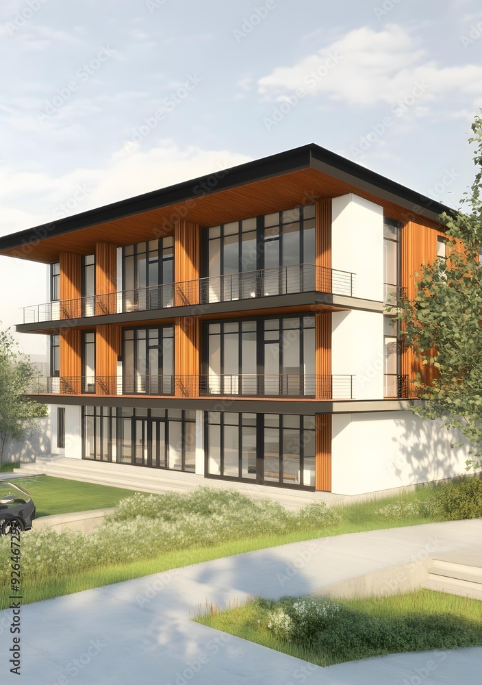 Modern Architecture Building With Wooden Facade Modern Architecture Building With Wooden Facade