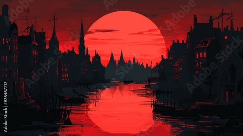 Sunset in a sinful city. Red and black illustration. AI generative.