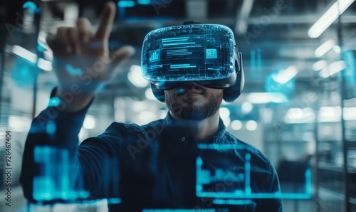 Wallpaper Mural Innovative AI-Powered Corporate Culture: Man in VR Headset Explores Remote Recruitment Using Machine Learning. Interactive Technology in Business Office with Blue Hologram Showcasing Smart Education.  Torontodigital.ca