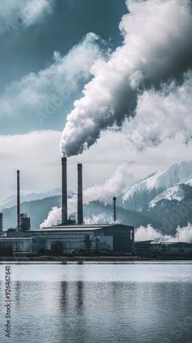 An industrial complex releases smoke into the atmosphere near serene waters and snow-capped mountains