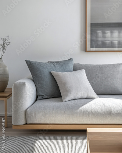 Minimalist living room interiors with a sofa, a couch and a large window bathing the room with day light.