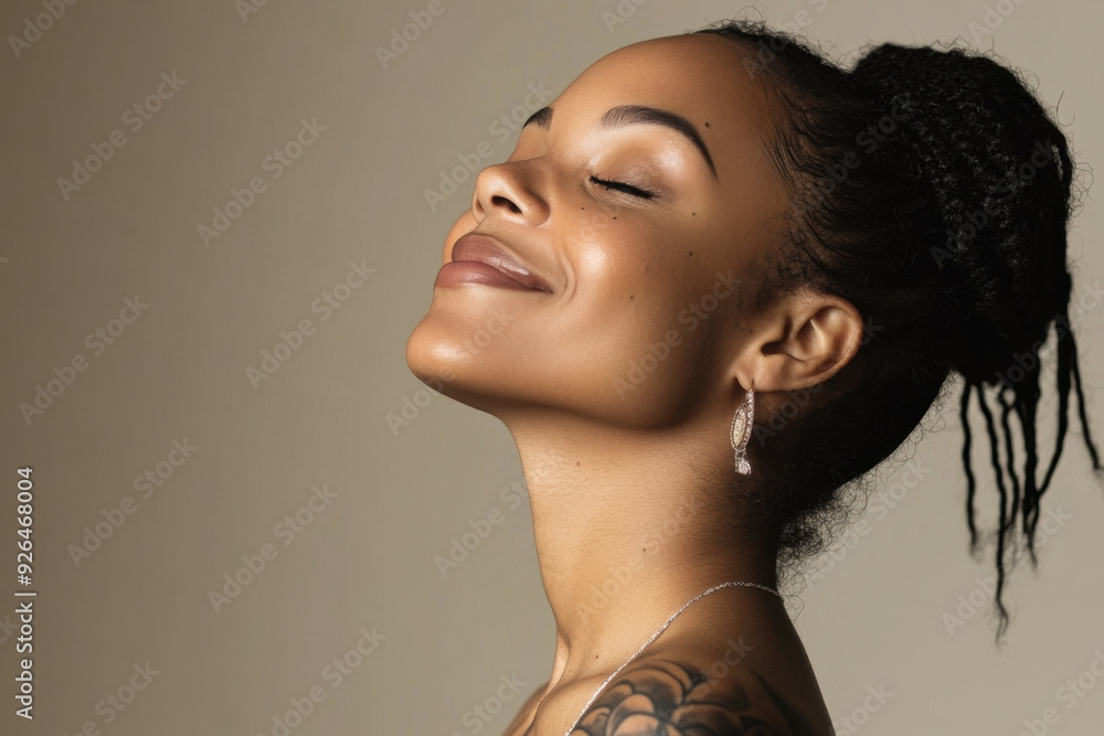 A close up of a tattooed black woman's face with her eyes closed A close up of a tattooed black woman's face with her eyes closed