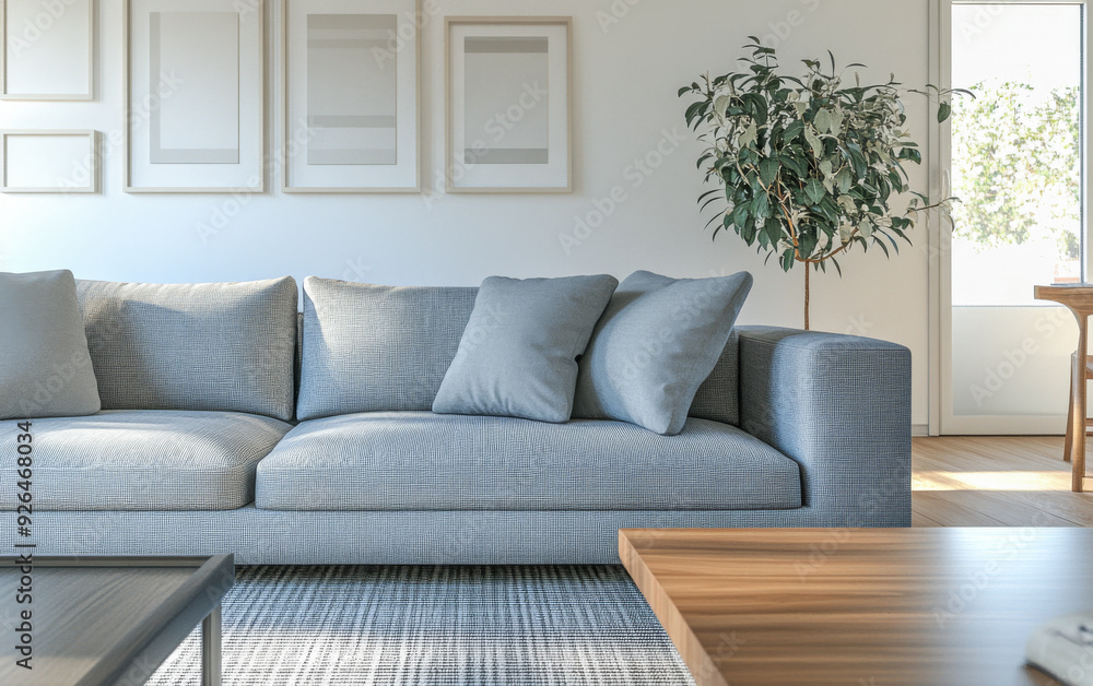 Minimalist living room interiors with a sofa, a couch and a large window bathing the room with day light. Minimalist living room interiors with a sofa, a couch and a large window bathing the room with day light.