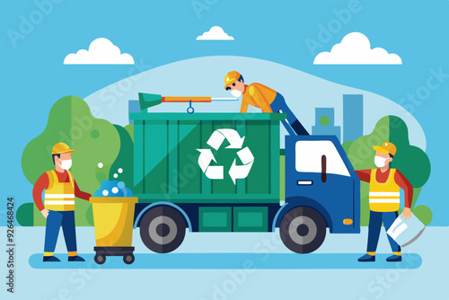 Garbage truck and dustmen. Scavengers workers clean the trash can
