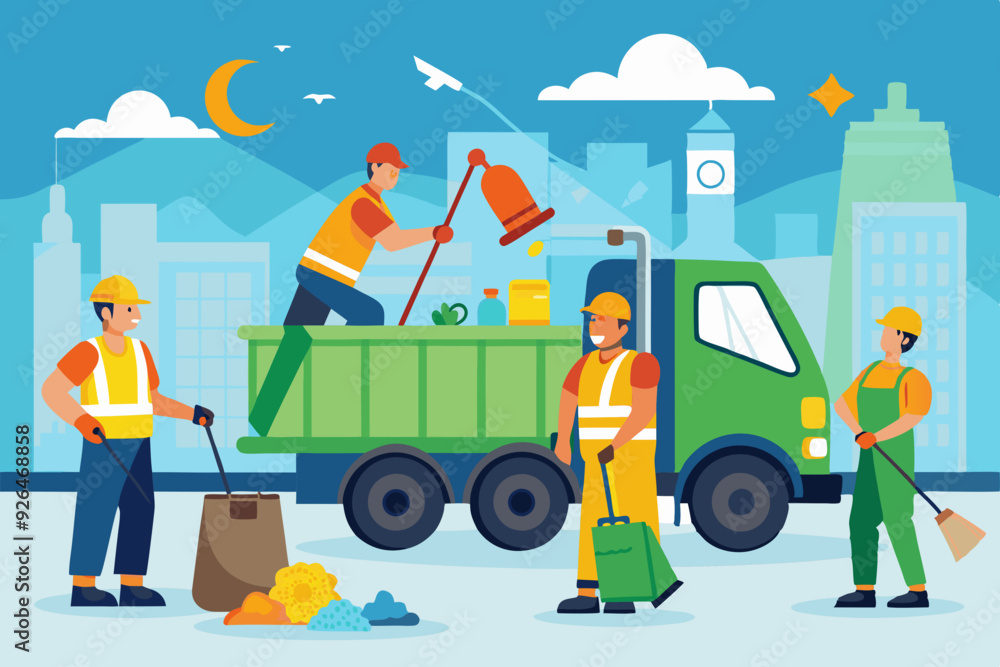 Garbage truck and dustmen. Scavengers workers clean the trash can
Garbage truck and dustmen. Scavengers workers clean the trash can
