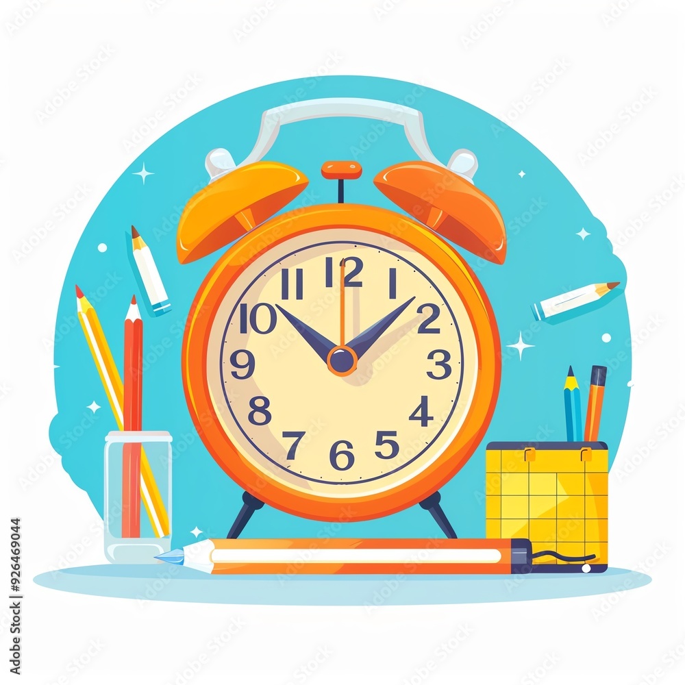 Vibrant illustration of an orange alarm clock surrounded by stationery items like pencils and erasers, set against a blue background. Vibrant illustration of an orange alarm clock surrounded by stationery items like pencils and erasers, set against a blue background.