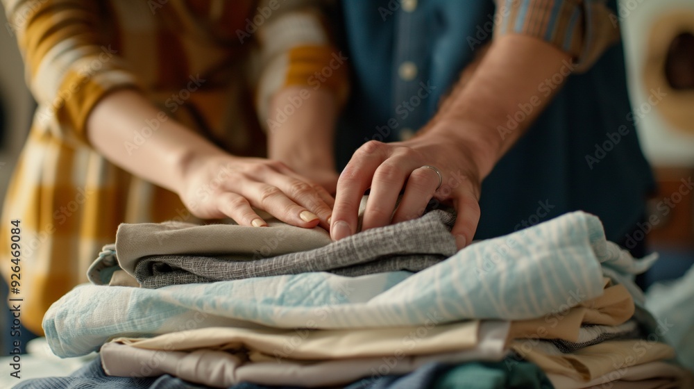 Fototapeta premium A couple organizing closets, donating unused items