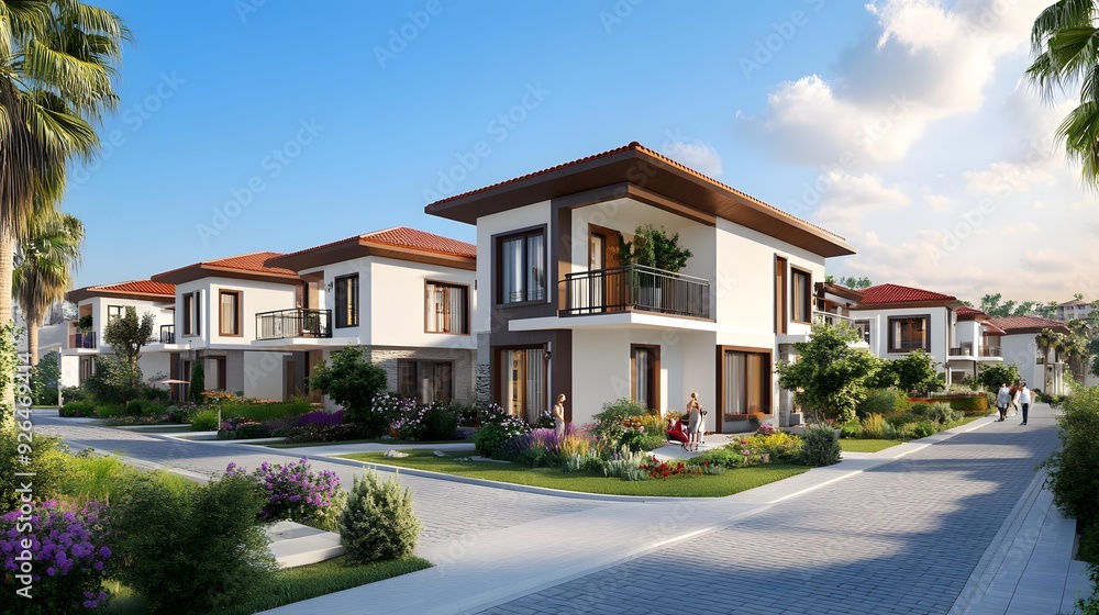 Modern White Houses with Red Roofs and Lush Green Landscaping Modern White Houses with Red Roofs and Lush Green Landscaping
