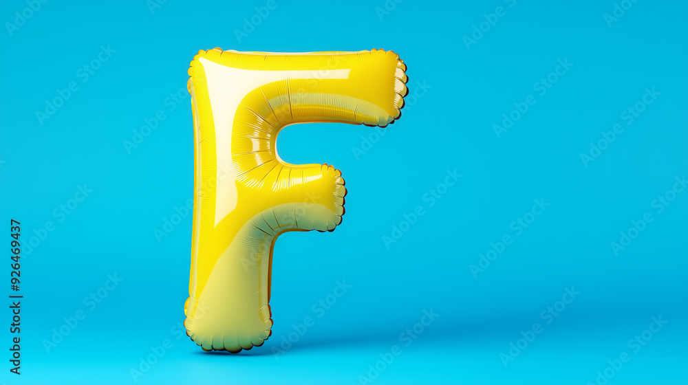 Bright yellow foil letter F balloon on a blue background Bright yellow foil letter F balloon on a blue background