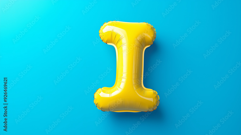 Bright yellow foil letter I balloon on a blue background Bright yellow foil letter I balloon on a blue background