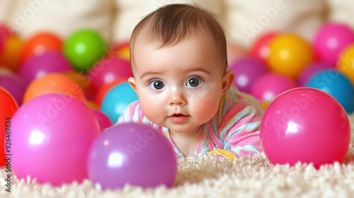 baby girl playing with colorful balls indoors