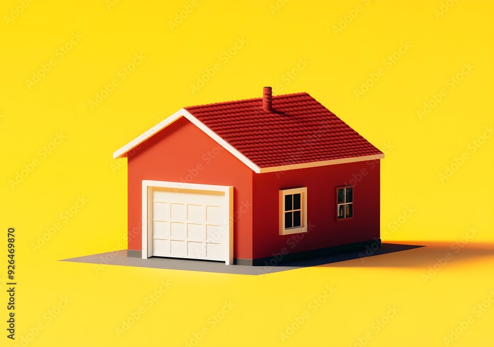 Red House with Garage on Yellow Background Red House with Garage on Yellow Background