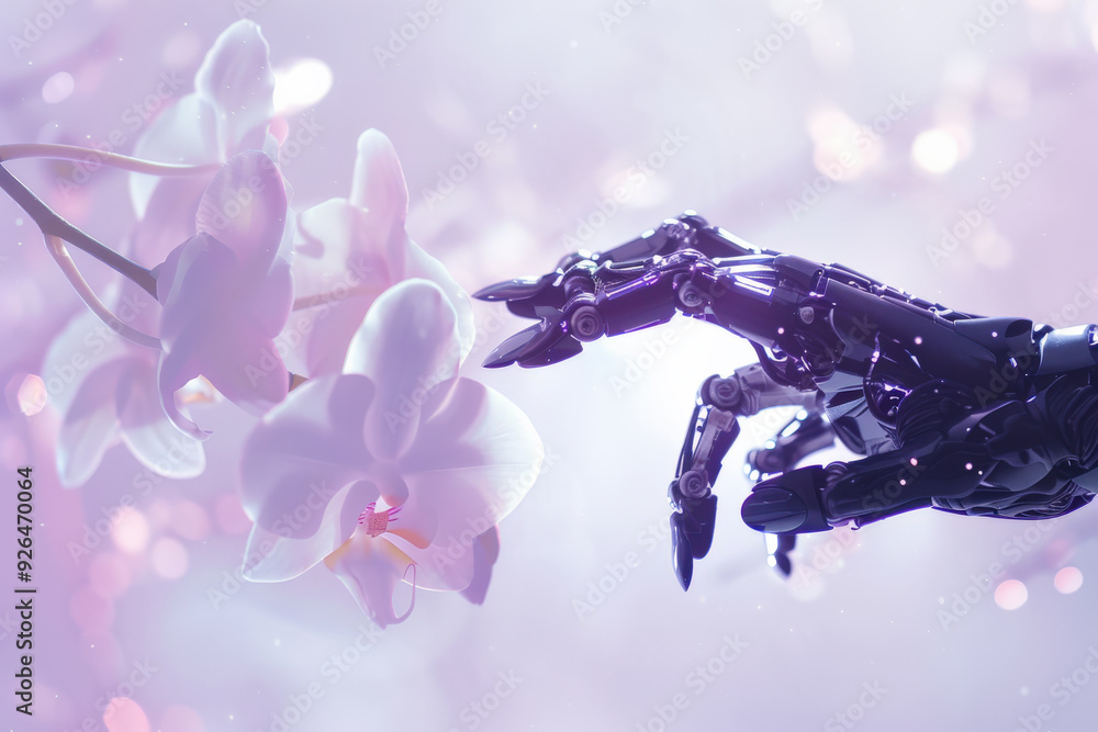 Fototapeta premium Robot Hand Touching Orchid in Soft Morning Light 