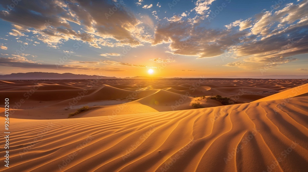 desert landscape with sand dunes and a setting sun